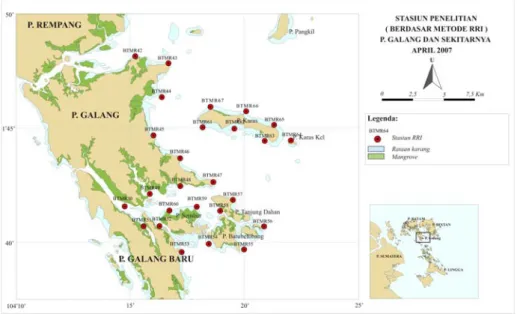 Gambar 1.  Peta stasiun penelitian  di perairan P. Galang, P. 