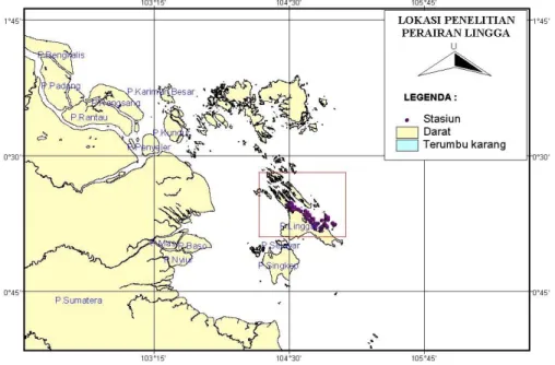 Gambar 1.   Peta lokasi pengamatan studi monitoring terumbu  karang di perairan Lingga Utara, Kabupaten Lingga