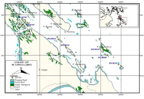 Gambar 2.  Lokasi transek permanen  di perairan Lingga Utara. 