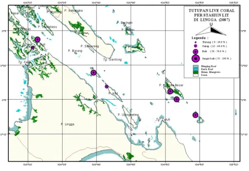 Gambar 6.  Persentase tutupan karang hidup  hasil monitoring  tahun 2007,  di perairan Lingga  Utara