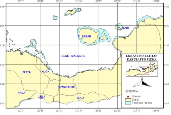 Gambar 1. Peta lokasi pengamatan studi baseline ekologi terumbu karang di  perairan Kabupaten Sikka, NTT