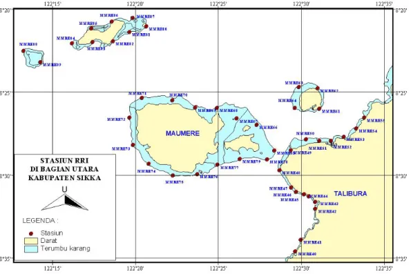 Gambar 2. Lokasi stasiun pengamatan terumbu karang dengan metode RRI di  pulau-pulau dan pesisir utara Kabupaten Sikka, NTT