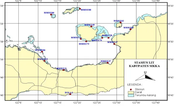 Gambar 8. Peta lokasi pengamatan terumbu karang dengan metode LIT di  Kabupaten Sikka, NTT