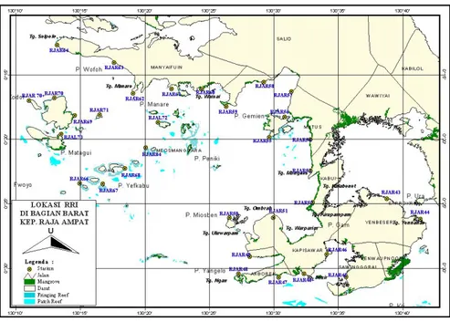 Gambar 2.  Peta lokasi studi baseline ekologi terumbu karang di  perairan Rajaampat dengan metode RRI