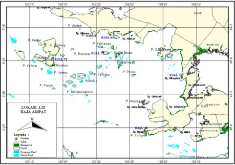 Gambar 5. Peta lokasi studi baseline ekologi terumbu karang di  perairan Rajaampat, dengan metode LIT