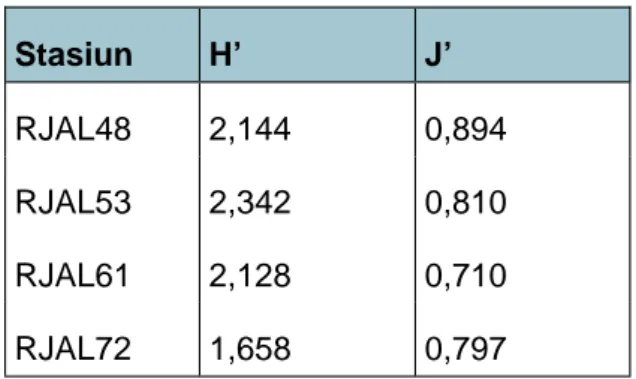Tabel 2.  Nilai indeks keanekaragaman jenis Shannon (H’) yang  dihitung menggunakan ln (=log e) dan Indeks  kemerataan Pielou (J’) untuk karang batu di  masing-masing stasiun studi baseline dengan metode LIT