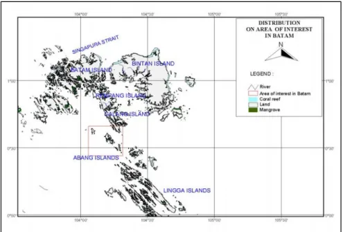 Gambar 1.  Peta lokasi penelitian di perairan Pulau Abang dan  sekitarnya, Kotamadya Batam