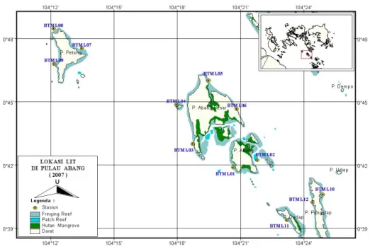 Gambar 2.  Peta lokasi  pengamatan transek permanen di  perairan Pulau Abang dan sekitarnya, Kotamadya  Batam