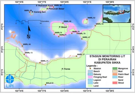 Gambar 1.    Peta  lokasi  monitoring  kesehatan terumbu karang di  perairan Kabupaten Sikka, 2009
