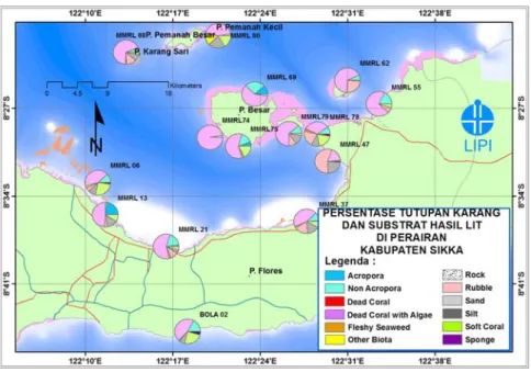 Gambar 7.  Peta persentase tutupan, kategori biota  dan substrat hasil  monitoring dengan metode “LIT” di perairan Kabupaten Sikka,  2009