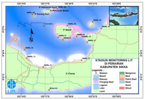 Gambar 1.    Peta lokasi “monitoring” kesehatan terumbu karang di  perairan Kabupaten Sikka, 2010