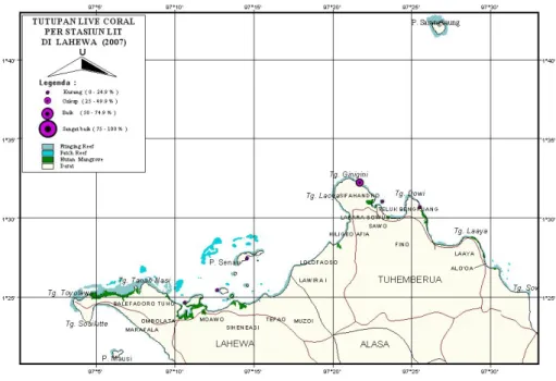 Gambar 5. Peta persentase tutupan karang hidup hasil LIT di  lokasi transek permanen, di perairan Lahewa  Kabupatenm Nias