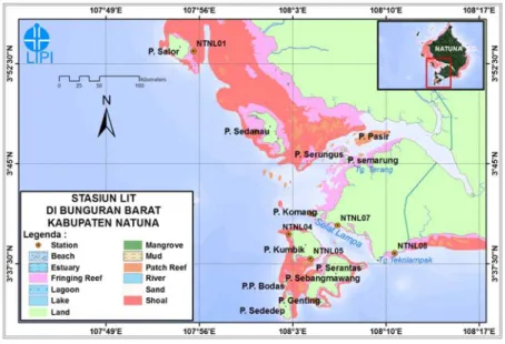Gambar 1. Peta lokasi “monitoring” kesehatan terumbu karang di perairan  Bunguran Barat, Kabupaten Natuna 2010