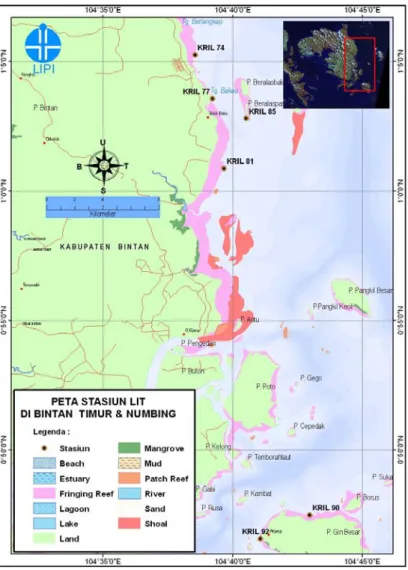 Gambar  1.  Peta stasiun penelitian monitoring kesehatan  karang di perairan Bintan Timur dan Numbing,  Kabupaten Bintan