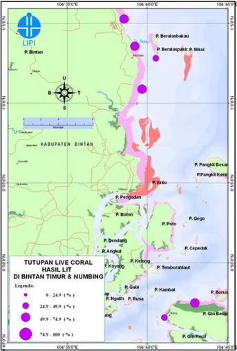 Gambar  5.  Peta persentase tutupan karang hidup hasil  monitoring dengan metode “LIT” di perairan Bintan  Timur dan Numbing, Kabupaten Bintan, 2008