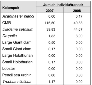 Tabel 2.  Rerata jumlah individu per transek untuk setiap  kategori megabentos yang dijumpai pada  masing-masing waktu pengamatan