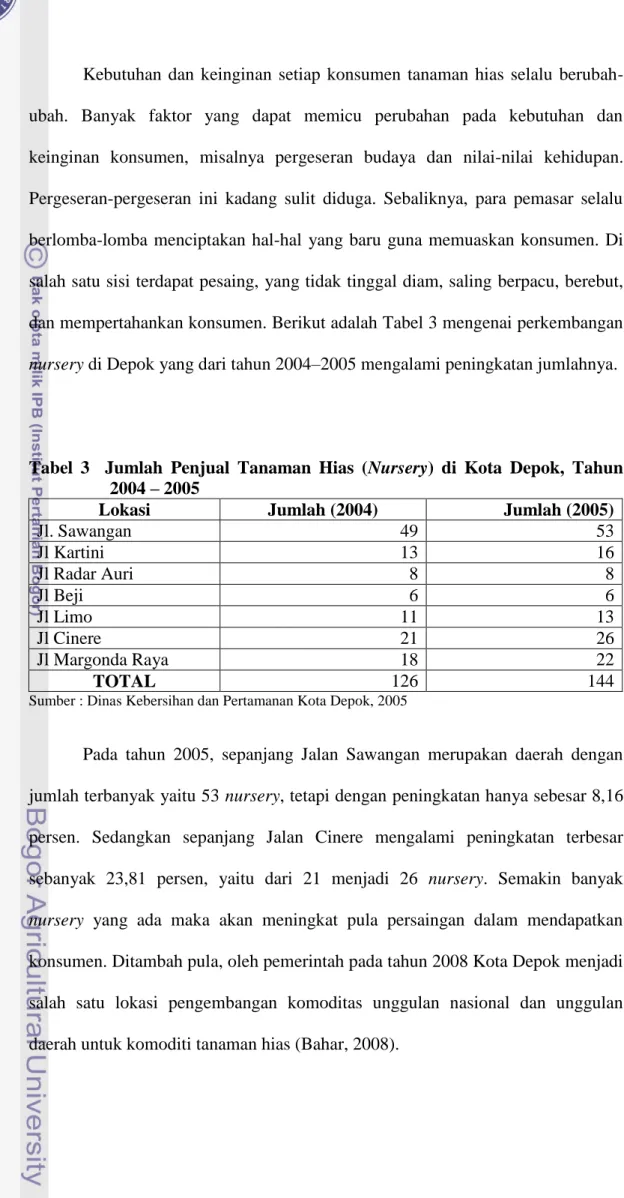 Tabel  3    Jumlah  Penjual  Tanaman  Hias  (Nursery)  di  Kota  Depok,  Tahun  2004 – 2005 