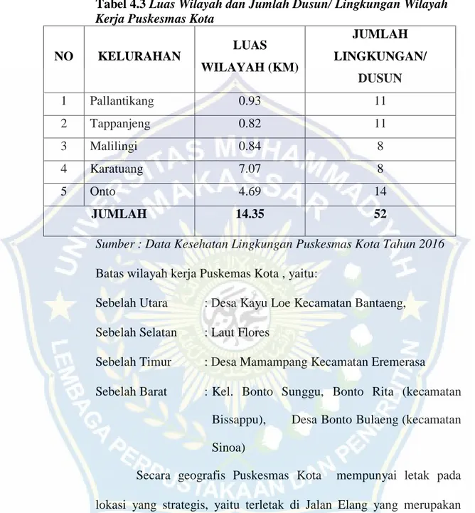 Tabel 4.3 Luas Wilayah dan Jumlah Dusun/ Lingkungan Wilayah  Kerja Puskesmas Kota 