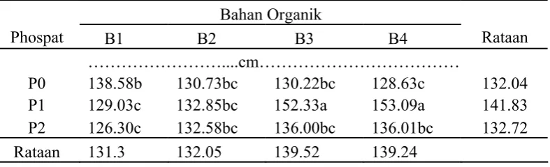 Tabel 1. Tinggi tanaman tomat pada umur 8 MSPT pada berbagai dosis pupuk phospat dan pemberian berbagai bahan organik (cm)