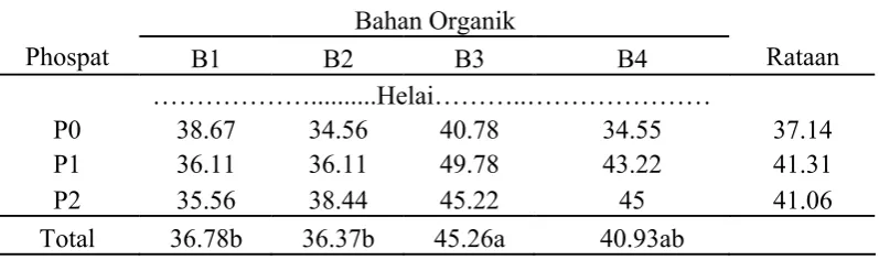 Tabel 2. Jumlah daun tomat pada umur 8 MSPT pada berbagai dosis pupuk       phospat dan pemberian berbagai bahan organik (helai)
