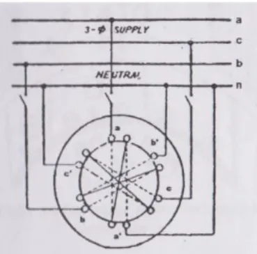 Gambar 2.10 Ujung-Ujung Kumparan Stator Terhubung ke Sumber Tiga Phase   (Theraja, 1993) 
