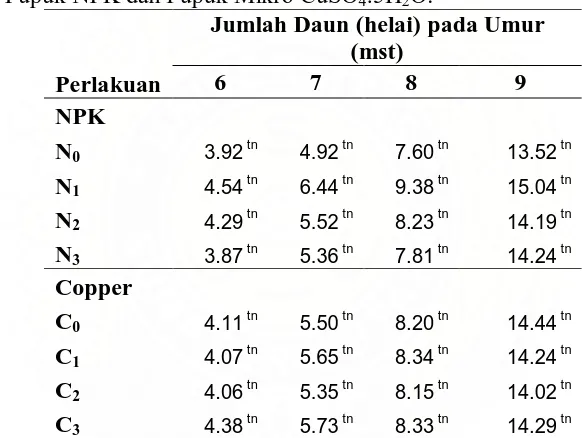 Tabel 2. Rataan Jumah Daun (helai) Umur 6-9 mst Pada Berbagai Tingkat Dosis Pupuk NPK dan Pupuk Mikro CuSO4.5H2O