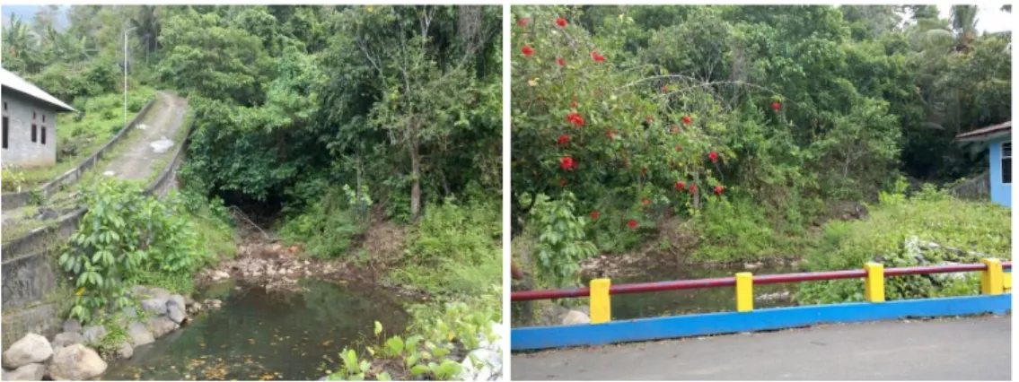 Gambar 2. Lokasi pertemuan dua sungai penyebab banjir di Kelurahan Rua, sungai bagian kiri (kiri)  dan sungai bagian kanan (kanan) 