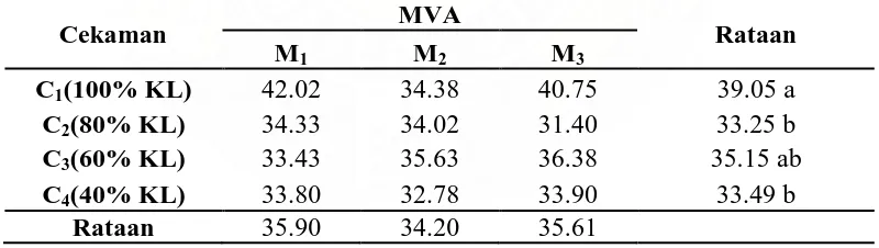Tabel 8. Rataan panjang akar (cm) pada perlakuan cekaman kekeringan dan MVA  