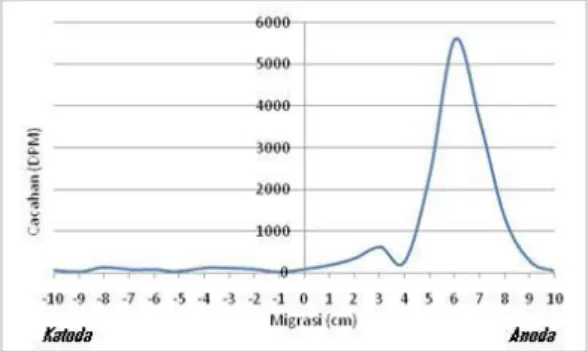 Gambar  6.  Elektroforegram  dari  spesi  senyawa  kimia  90 Y  pasca  elusi  dari  generator  90 Sr/ 90 Y  dengan  eluen larutan  buffer sitrat 0,025 M  pada pH 5