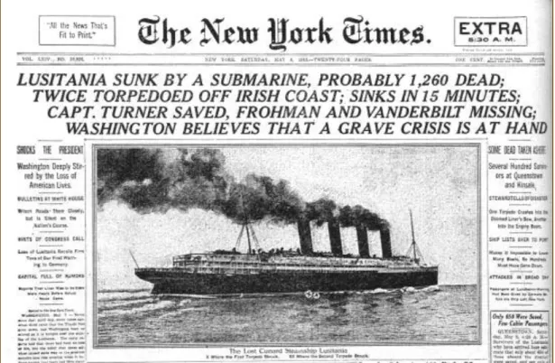Gambar 8. Surat Kabar di Amerika Serikat yang memberitakan tenggalamnya kapal Lusitania oleh Jerman 
