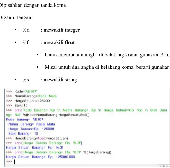 Gambar 2.4 Tampilan Contoh print Tipe Data String, Integerm dan Float 