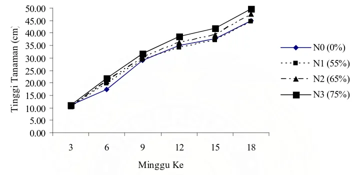 Gambar 1. Grafik pertumbuhan tinggi tanaman bawang sabrang karena perlakuan naungan pada 3 MST-18 MST