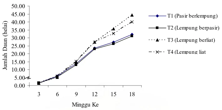 Gambar 4. Grafik pertumbuhan jumlah  daun  karena  pengaruh  naungan  3 MST  hingga 18 MST 