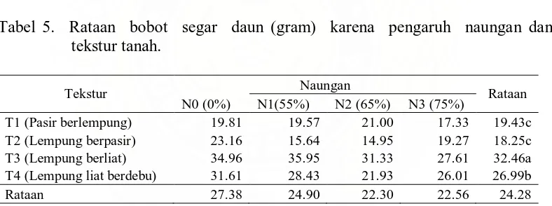 Tabel 5.  Rataan  bobot  segar  daun (gram)  karena  pengaruh  naungan dan tekstur tanah