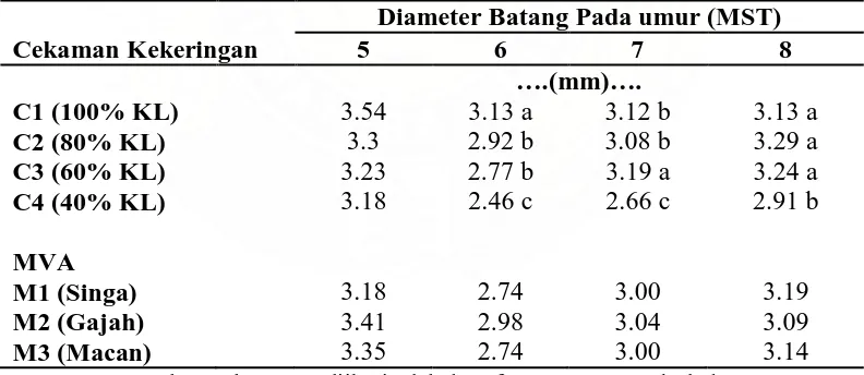 Tabel 1. Rataan diameter batang pada perlakuan MMA dan cekaman kekeringan 