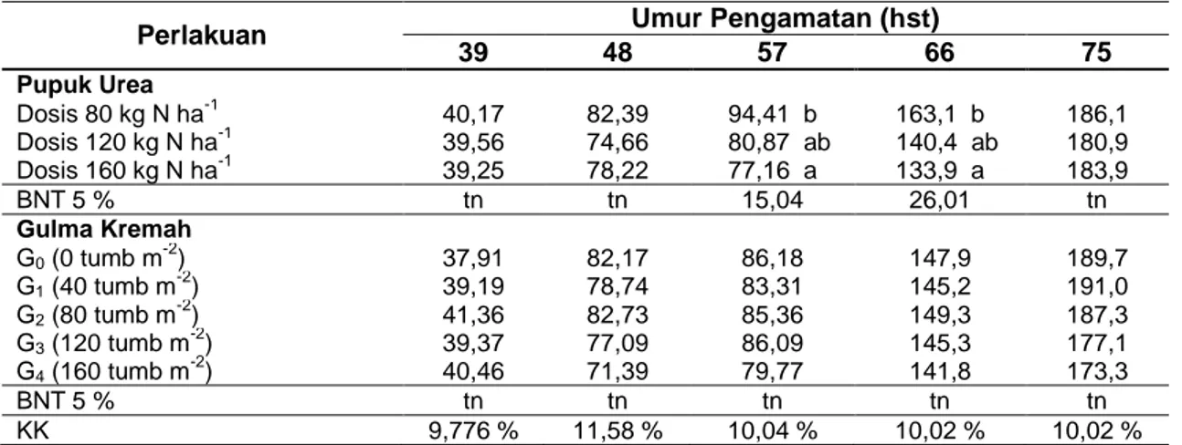 Tabel 2  Rerata Luas daun (cm 2  tan -1 ) pada berbagai Tingkat Pemberian N dan Tingkat Kepa- Kepa-datan Gulma pada berbagai Umur Pengamatan 