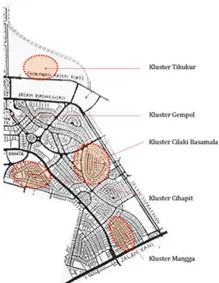 Gambar 1 Peta Kawasan Permukiman Kolonial  di Bandung dan Kluster Permukiman dengan 