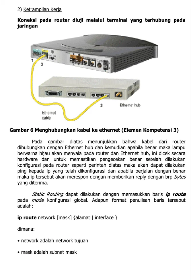 Gambar 6 Menghubungkan kabel ke ethernet (Elemen Kompetensi 3)  Pada  gambar  diatas  menunjukkan  bahwa  kabel  dari  router  dihubungkan dengan Ethernet hub dan kemudian apabila benar maka lampu  berwarna hijau akan menyala pada router dan Ethernet hub, 