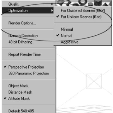 Gambar 14.18 Mengakses Optimization melalui menu Render Options 