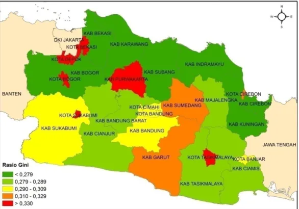 Gambar 9. Peta kabupaten/kota di Jawa Barat berdasarkan angka rasio gini                   tahun 2008 