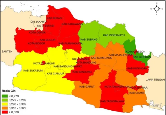 Gambar 10. Peta kabupaten/kota di Jawa Barat berdasarkan angka rasio gini                      tahun 2011 