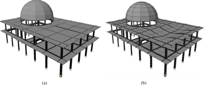 Gambar 4. Model struktur bangunan masjid (a) undeformed (b) deformasi dengan beban DL+LL