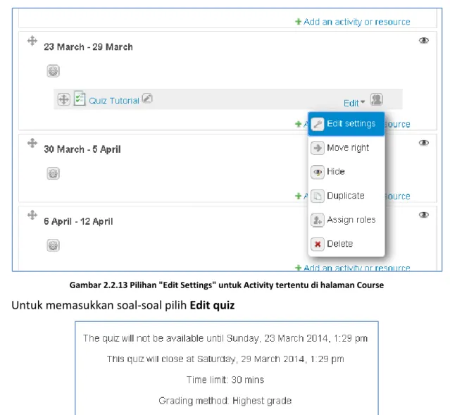 Gambar 2.2.13 Pilihan "Edit Settings" untuk Activity tertentu di halaman Course