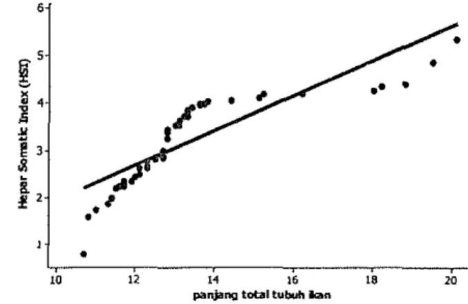 Gambar 13  Grafik korelasi panjang total tubuh dengan HSI ikan buntal pisang  Bila  HSlnya tinggi  berarti  ikan tersebut  aktif  melakukan aktivitas  makan
