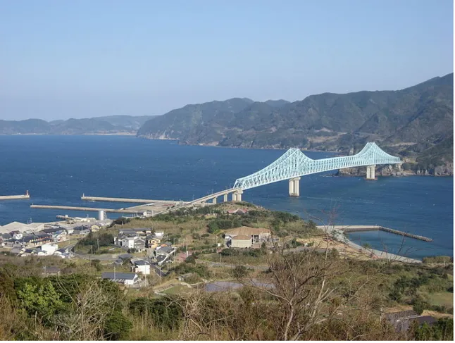 Gambar 16 : Jembatan Ikitsuki, Ikitsuki, Nagasaki-ken JAPAN, panjang bentang 200m + 400 meter (1312 feet) + 200 m, tahun 1991.