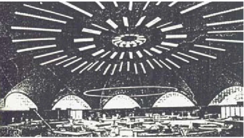 Gambar interior market hall, yang  menunjukkan lubang cahaya pada atap bangunan