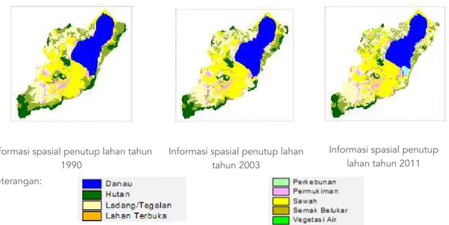Gambar 5. Informasi spasial penutup lahan di sub DAS Tondano tahun 1990, 2003, dan 2011