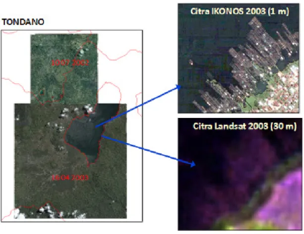 Gambar 6. Identifikasi keramba pada citra IKONOS dan citra Landsat tahun 2003