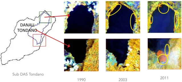 Gambar 7. Sebaran vegetasi air di danau Tondano pada tahun 1990, 2003, dan 2011. Vegetasi air ditandai oleh lingkaran  kuning.