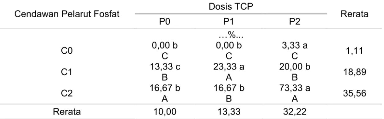Tabel 2  Pengaruh  cendawan  pelarut  fosfat  dan  dosis  TCP  pada  persentase  kepadatan populasi cendawan di rizosfer akar jagung 4 MST 
